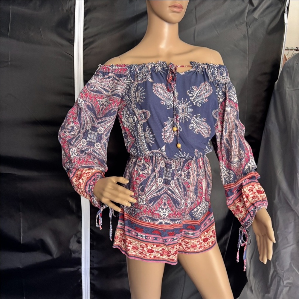 Living Doll Off-Shoulder Paisley Jumpsuit - Blue and Red